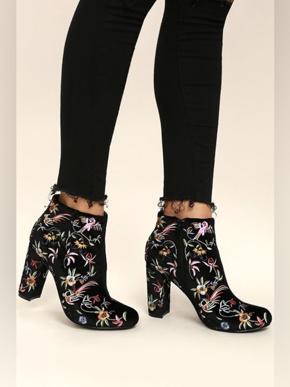 Liliana Black Velvet Floral Bird Embroidered Ankle Boots, Size 8.5